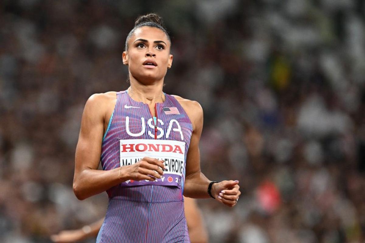 US' Sydney McLaughlin-Levrone reacts after crossing the finish line in the women's 400m semi-final during the World Athletics Championships in Tokyo on September 16, 2025. Jewel SAMAD / AFP