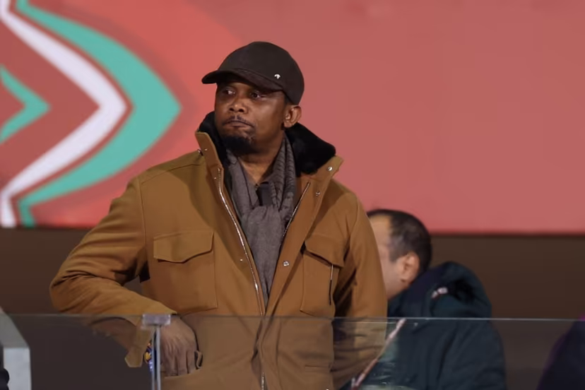 Former Cameroon footballer Samuel Eto'o watches during the Africa Cup of Nations (CAN) round of 16 football match between Ivory Coast and Burkina Faso at the Grand Stadium in Marrakesh on January 6, 2026. FRANCK FIFE / AFP
