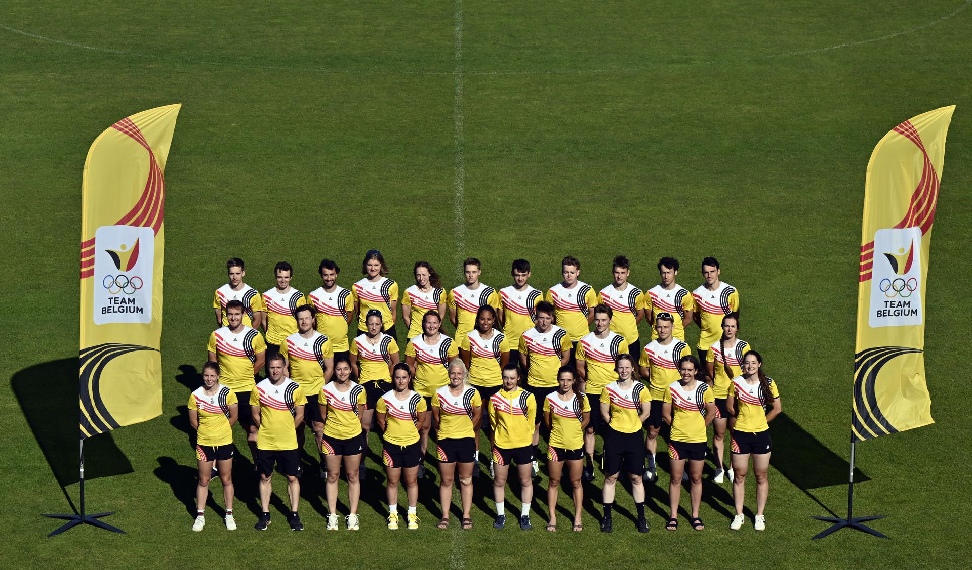 Athletes pose for a family portrait during the annual training camp of Team Belgium (19-25/05), in Rio Maior, Portugal, Saturday 24 May 2025. BELGA PHOTO ERIC LALMAND