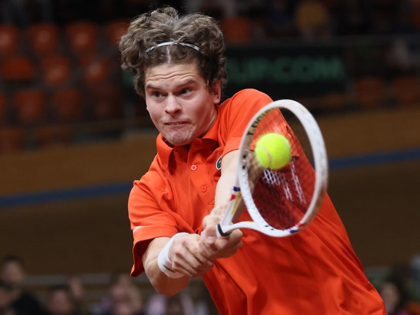 Belgian Alexander Blockx pictured in action during a tennis match against Bulgarian Radulov, during the qualifier of the Davis Cup on Saturday 07 February 2026, in Plovdiv, Bulgaria. Belgium will compete this weekend in the Davis Cup qualifiers against Bulgaria. BELGA PHOTO BENOIT DOPPAGNE