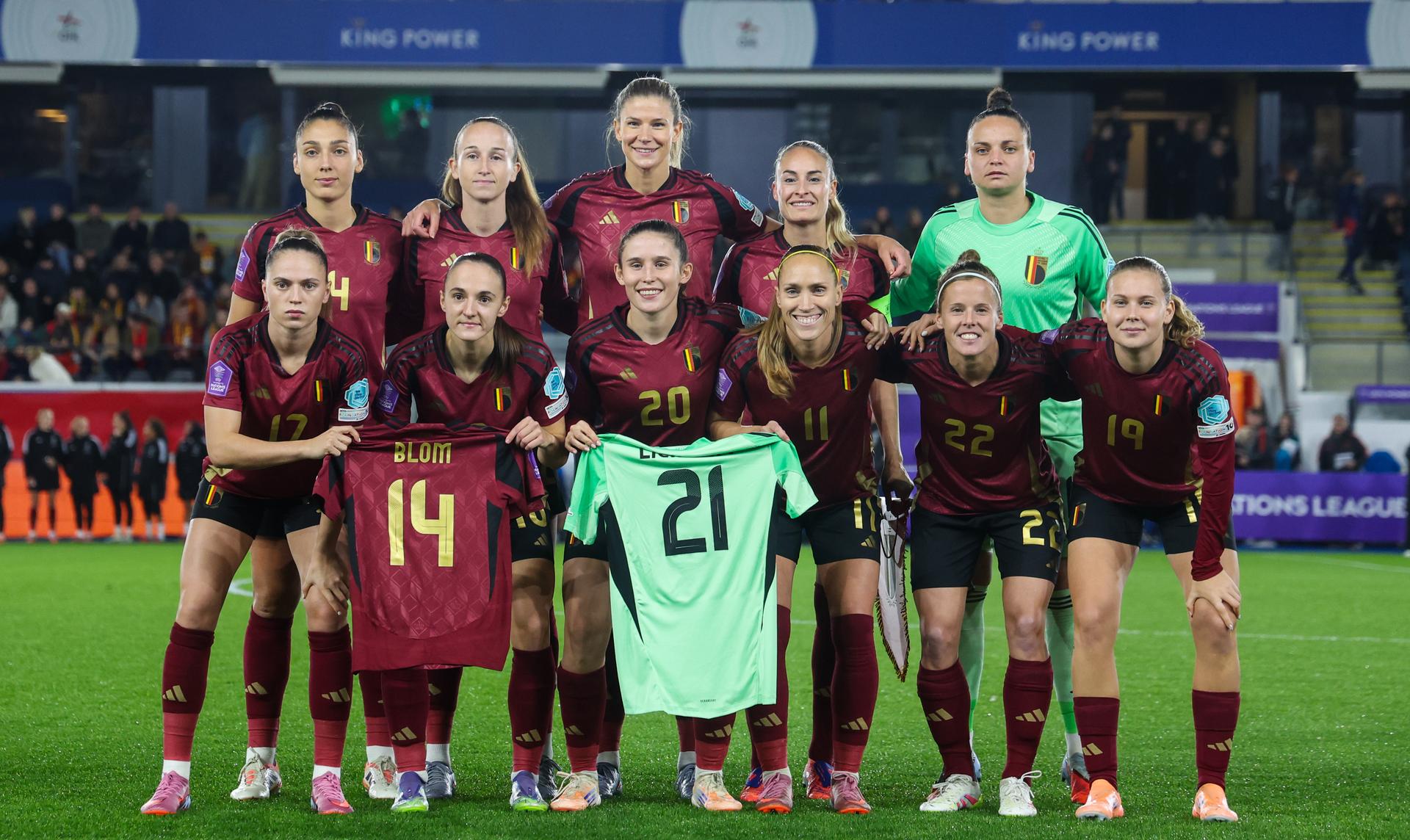 Belgium's player pictured at the start of a soccer game between Belgium's national women's team the Red Flames and Ireland, the return leg in the Nations League Promotion/relegation play-off, on Tuesday 28 October 2025 in Leuven. Flames lost the first leg 4-2. BELGA PHOTO VIRGINIE LEFOUR
