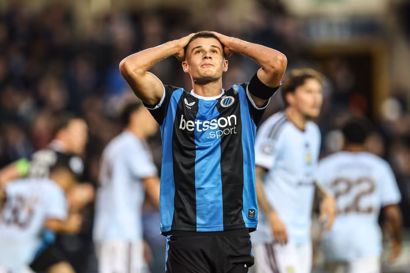 Club's Nicolo Tresoldi reacts during a soccer game between Belgian soccer team Club Brugge KV and English Aston Villa FC, on Tuesday 8 September 2026 in Brugge, on the first game of the UEFA Champions League league phase. BELGA PHOTO BRUNO FAHY