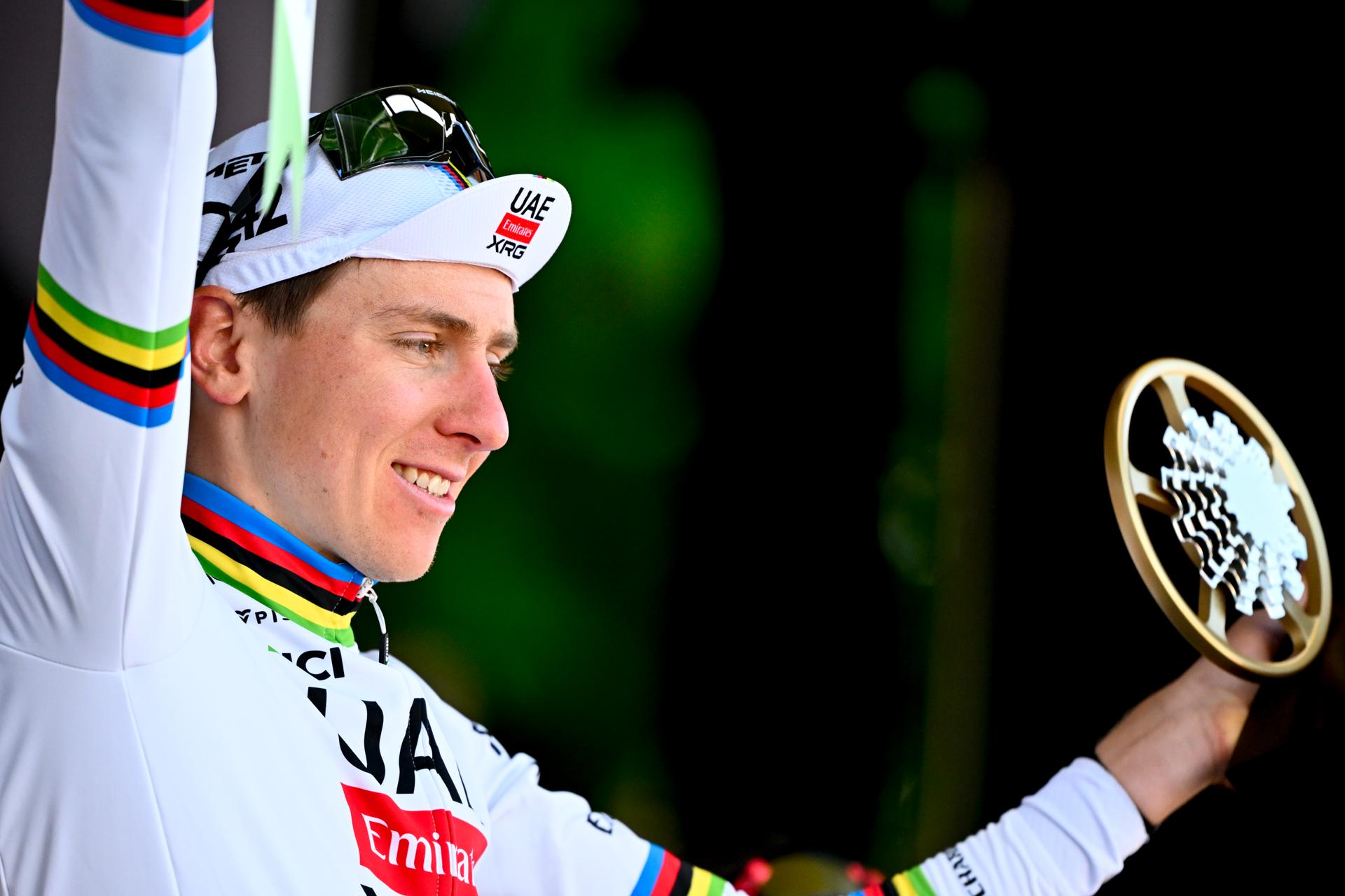 Slovenian Tadej Pogacar of UAE Team Emirates pictured on the podium after the men elite race of the Liege-Bastogne-Liege one day cycling event, 252km from Liege, over Bastogne to Liege, Sunday 27 April 2025. BELGA PHOTO ERIC LALMAND