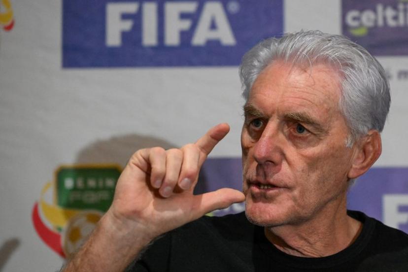 South Africa's coach Hugo Broos gestures during a press conference ahead of FIFA World Cup 2026 Africa group qualifier football match between Sout Africa and Benin in Abidjan on March 24, 2025. Issouf SANOGO / AFP