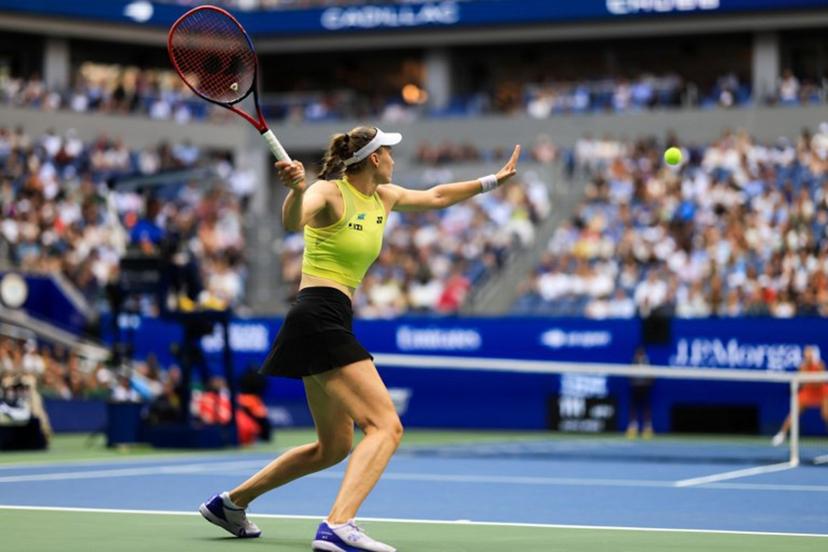 Kazakhstan's Elena Rybakina hits a return against Belarus's Aryna Sabalenka during the women's singles final tennis match on day fourteen of the US Open tennis tournament at the USTA Billie Jean King National Tennis Center in New York City on September 12, 2026. CHARLY TRIBALLEAU / AFP