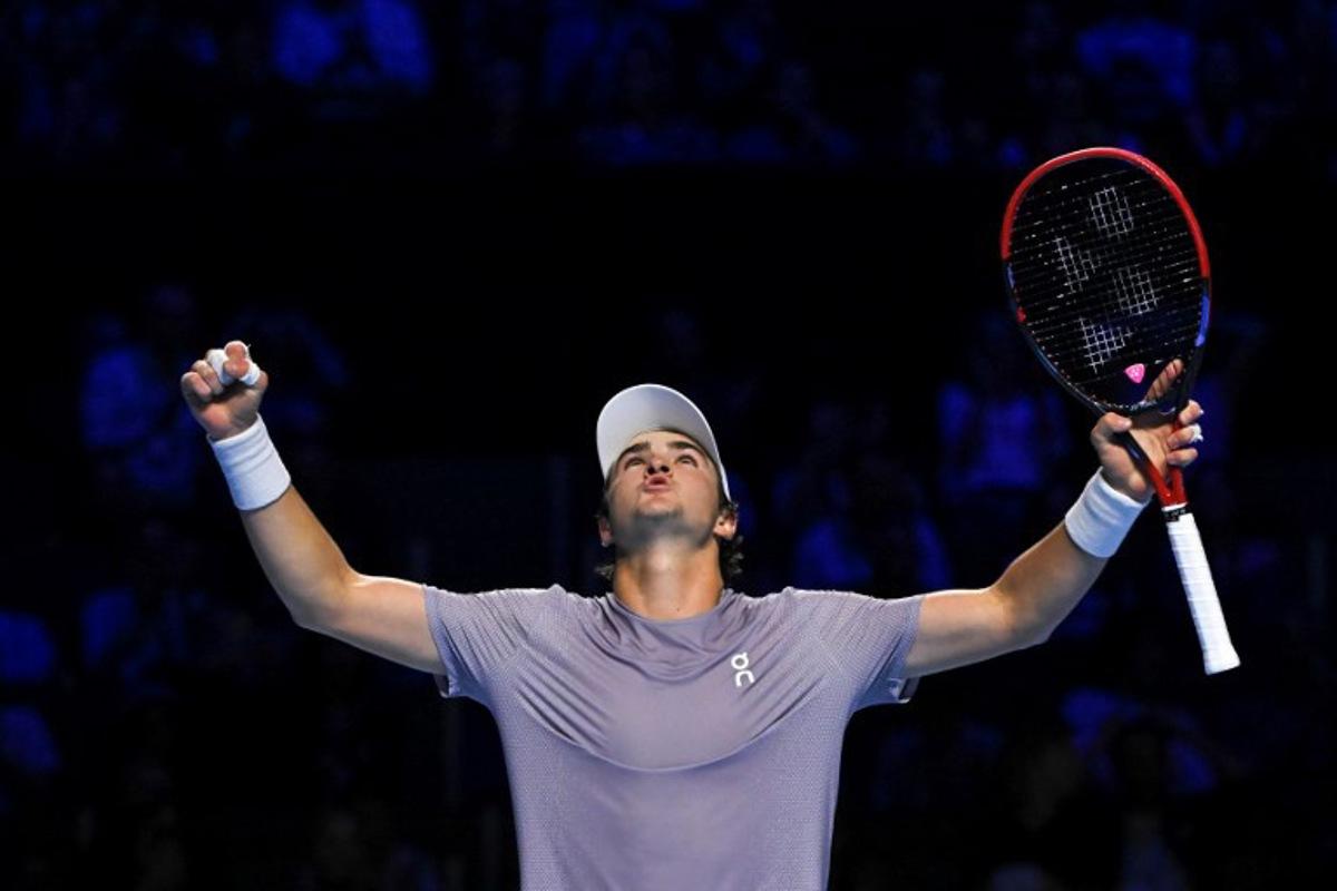 Brazil's Joao Fonseca celebrates after winning his men's semi final match against Spain's Jaume Munar at the Swiss Indoors ATP 500 tennis tournament in Basel on October 25, 2025. Fabrice COFFRINI / AFP
