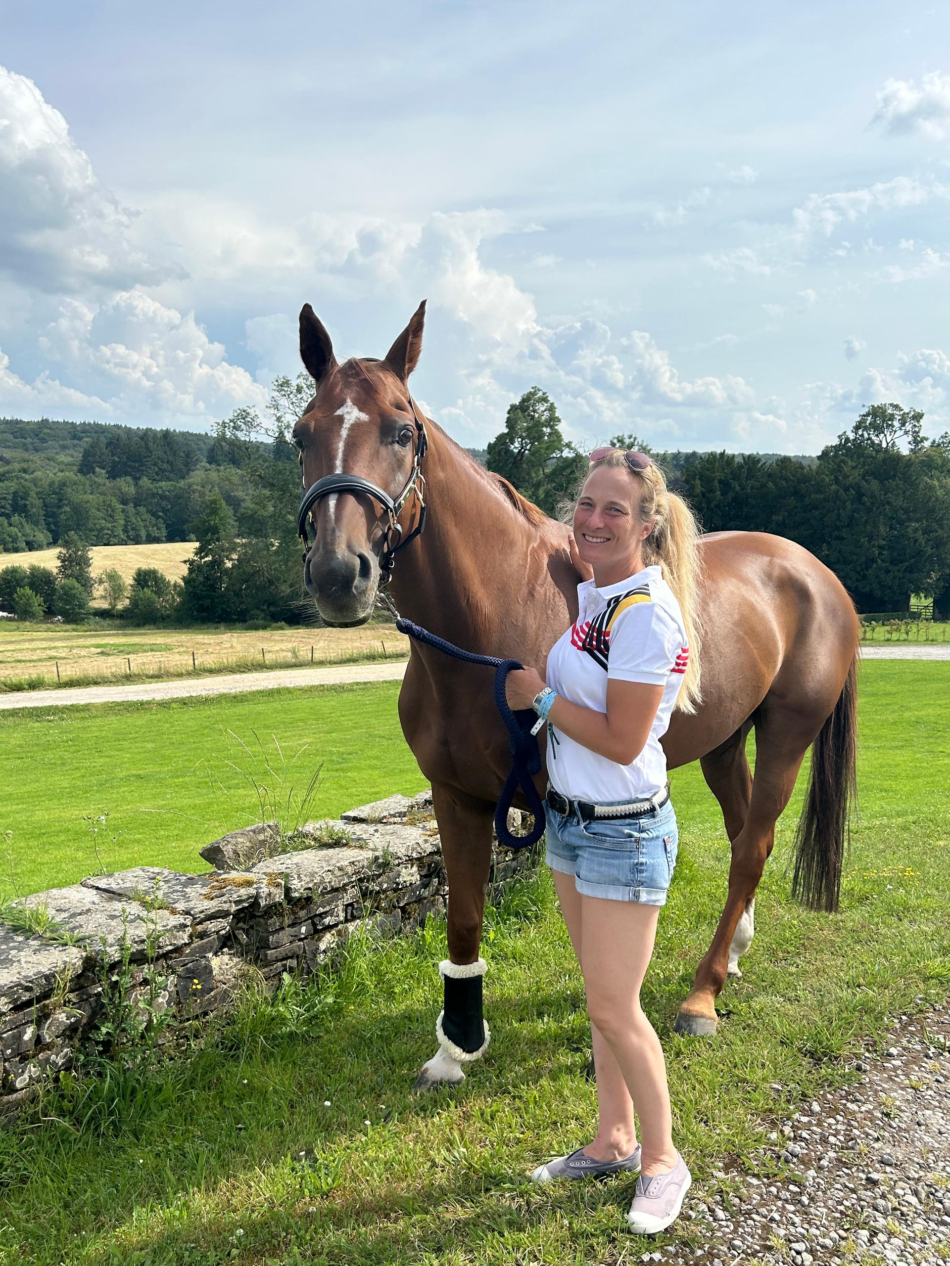 Belgian Eventing team Lara de Liedekerke and her horse Origi pose for the photographer at the media day at the Team Belgium Base Camp for eventing, Saturday 20 July 2024 in Arville, Faulx-les-Tombes, Gesves, in preparation of the upcoming 2024 Paris Olympic Games. BELGA PHOTO CHRISTIAN DETROZ