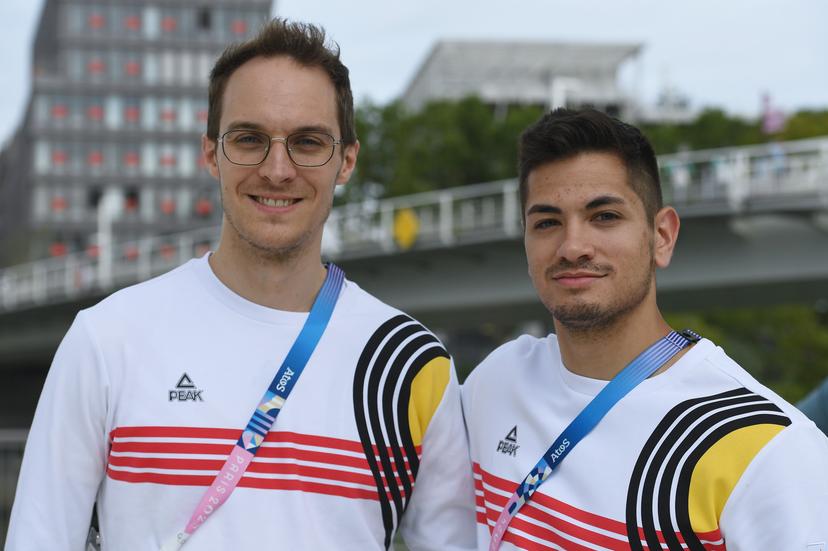 Belgian table tennis player Cedric Nuytinck and Belgian table tennis player Martin Allegro pictured during a press conference in preparation of the Paris 2024 Olympic Games, Thursday 25 July 2024 in Paris, France. The 2024 Summer Olympics take place in Paris from 26 July to 11 August. The Belgian delegation counts 165 athletes in 21 sports. BELGA PHOTO TONY BEHAR *** BELGIUM ONLY ***
