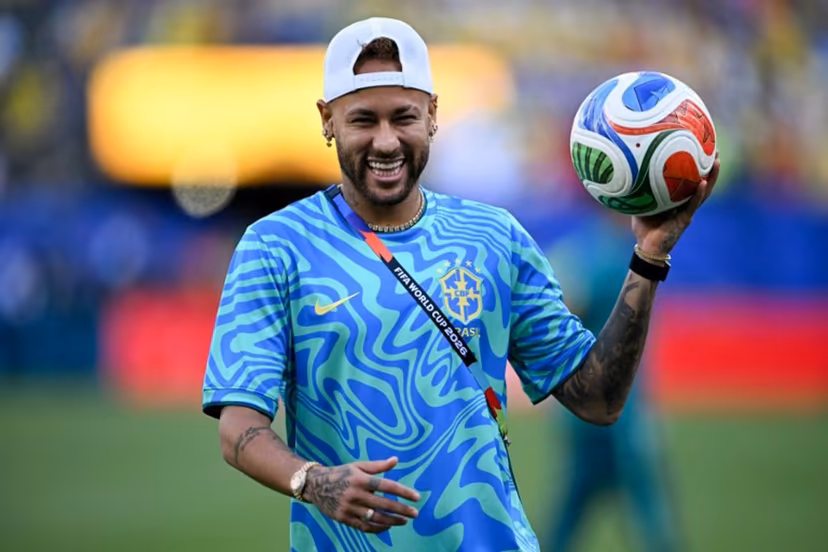 Brazil's forward #10 Neymar gestures during a warm up ahead of the 2026 World Cup Group C football match between Brazil and Morocco at the New York/New Jersey Stadium in East Rutherford on June 13, 2026. Mauro PIMENTEL / AFP