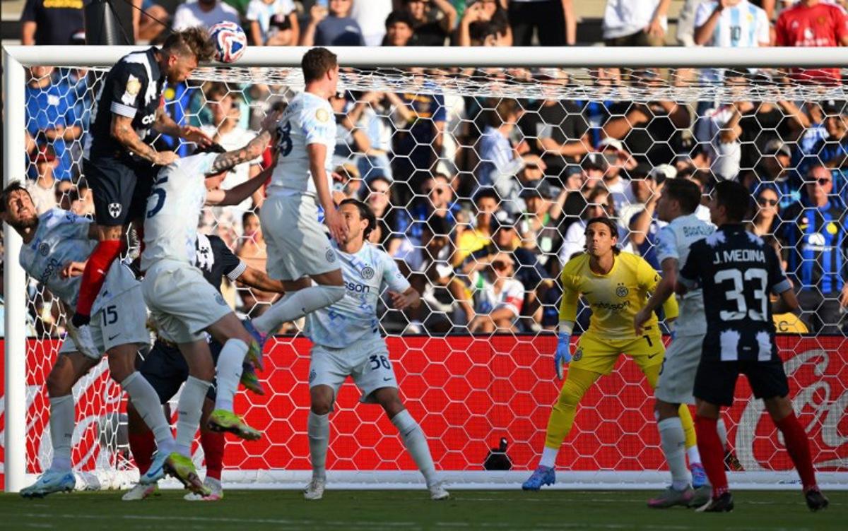 Inter Milan's Swiss goalkeeper #01 Yann Sommer looks on as Monterrey's Spanish defender #93 Sergio Ramos heads the ball to score the opening goal during the FIFA Club World Cup 2025 Group E football match between Mexico's Monterrey and Italy's Inter Milan at the Rose Bowl stadium in Pasadena on June 17, 2025. Patrick T. Fallon / AFP