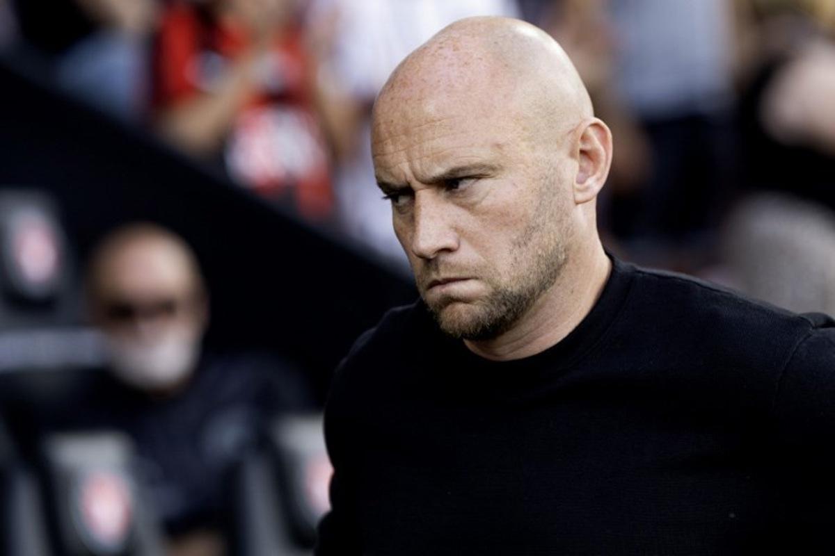 Hibernian FC's Scotish head coach David Gray reacts during the second qualifying round (1st leg) football match between between FC Midtjylland and Hibernian FC at the MCH Arena in Herning on July 24, 2025. Bo Amstrup / Ritzau Scanpix / AFP