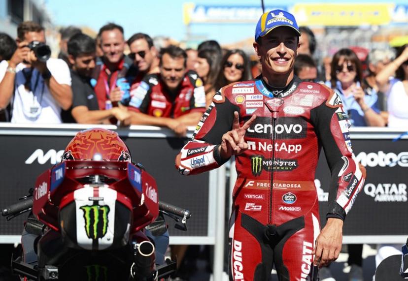 Team Ducati Lenovo Team's Marc Marquez celebrates his second place after the qualifying session of the MotoGP Aragon Grand Prix at the Motorland circuit in Alcaniz, northeastern Spain, on August 29, 2026. Jose Jordan / AFP