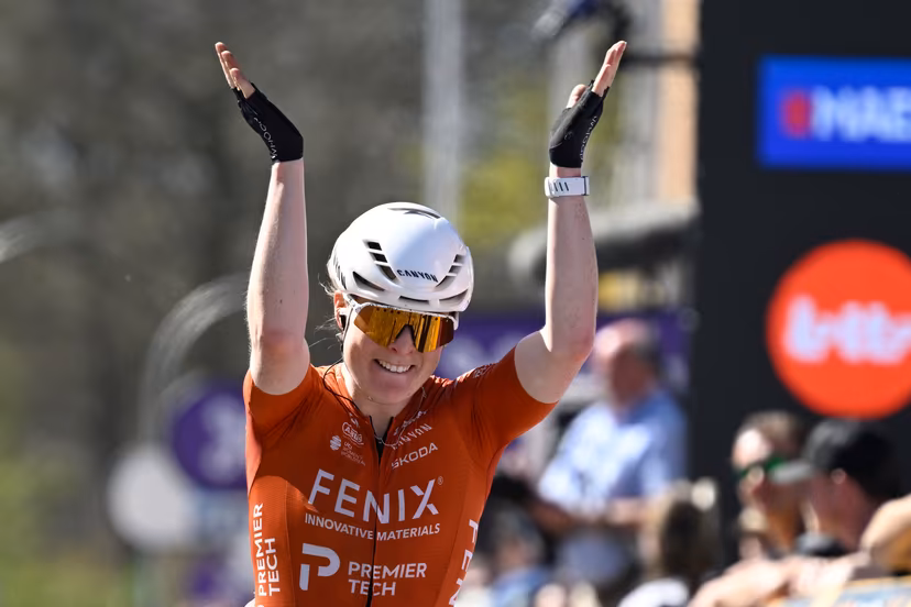 Dutch Charlotte Kool of Fenix-Premier Tech celebrates after winning the women's race of the 'Scheldeprijs' one day cycling event, 130,3km from and to Schoten on Wednesday 08 April 2026. BELGA PHOTO TOM GOYVAERTS