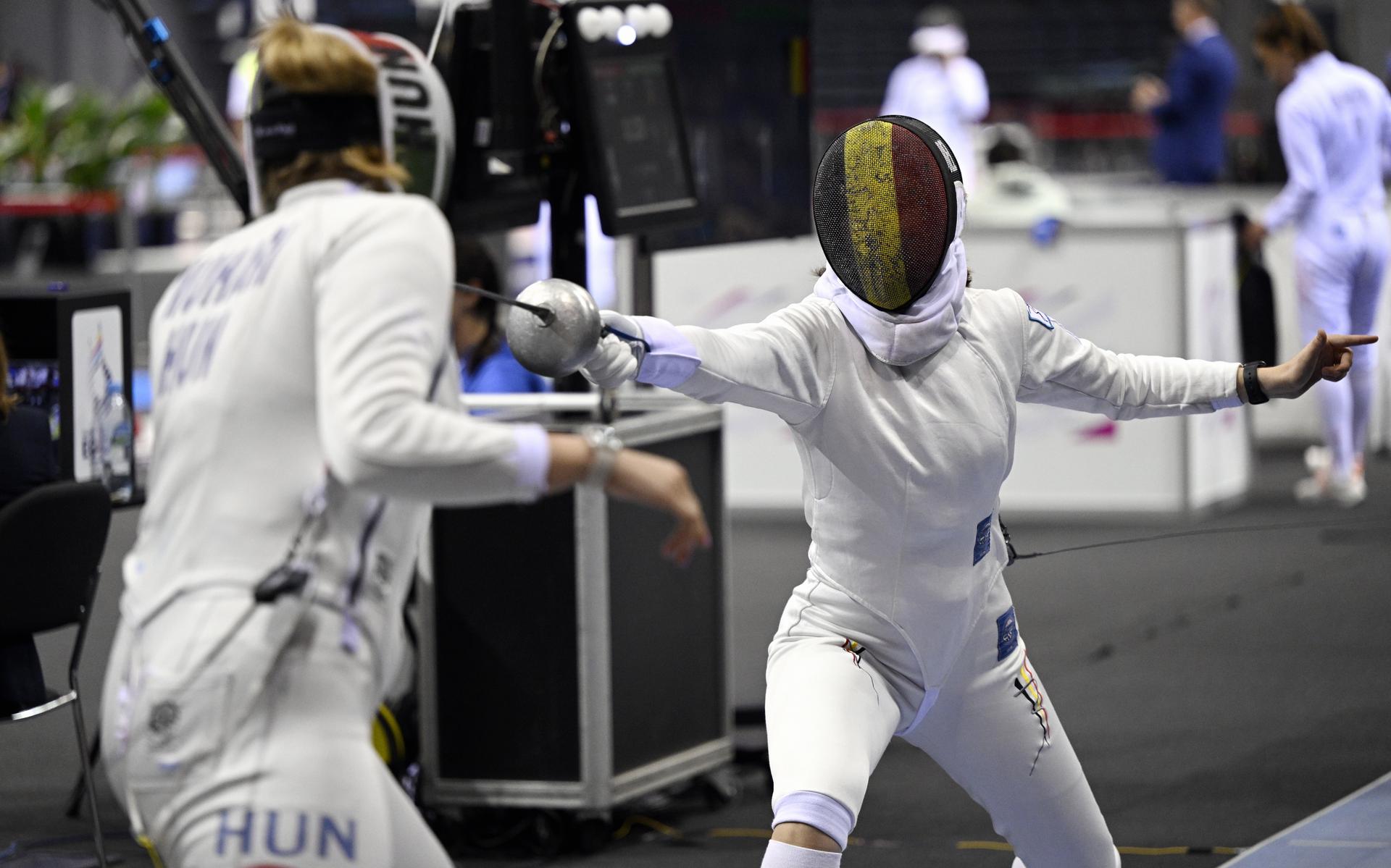 Fencing Athlete Aube Vandingenen pictured during a fight in the women's epee competition, at the European Games in Krakow, Poland on Monday 26 June 2023. The 3rd European Games, informally known as Krakow-Malopolska 2023, is a scheduled international sporting event that will be held from 21 June to 02 July 2023 in Krakow and Malopolska, Poland. BELGA PHOTO LAURIE DIEFFEMBACQ