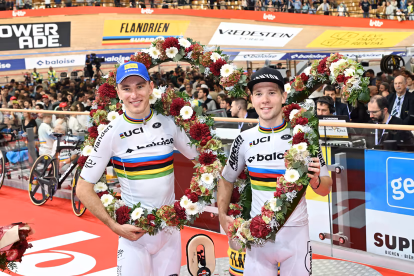 Belgian Lindsay De Vylder and Belgian Fabio Van Den Bossche pictured after winning the last day of the Zesdaagse Vlaanderen-Gent six-day indoor track cycling event at the indoor cycling arena 't Kuipke, Sunday 23 November 2025, in Gent. BELGA PHOTO MAARTEN STRAETEMANS
