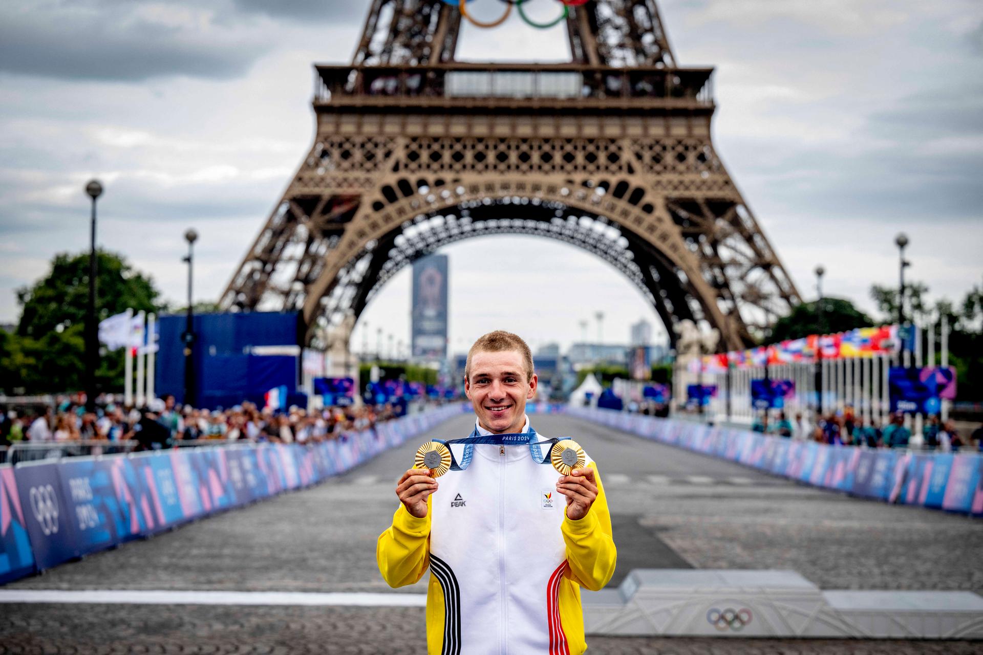 Gold medalist Remco Evenepoel of Team Belgium poses on the podium with his gold medals of Individual Time Trial and Road Race during the Men's Road Race on day eight of the Paris 2024 Summer Olympic Games at Trocadero on August 3, 2024 in Paris, France. Photo by Robin Utrecht/ABACAPRESS.COM BENELUX ONLY