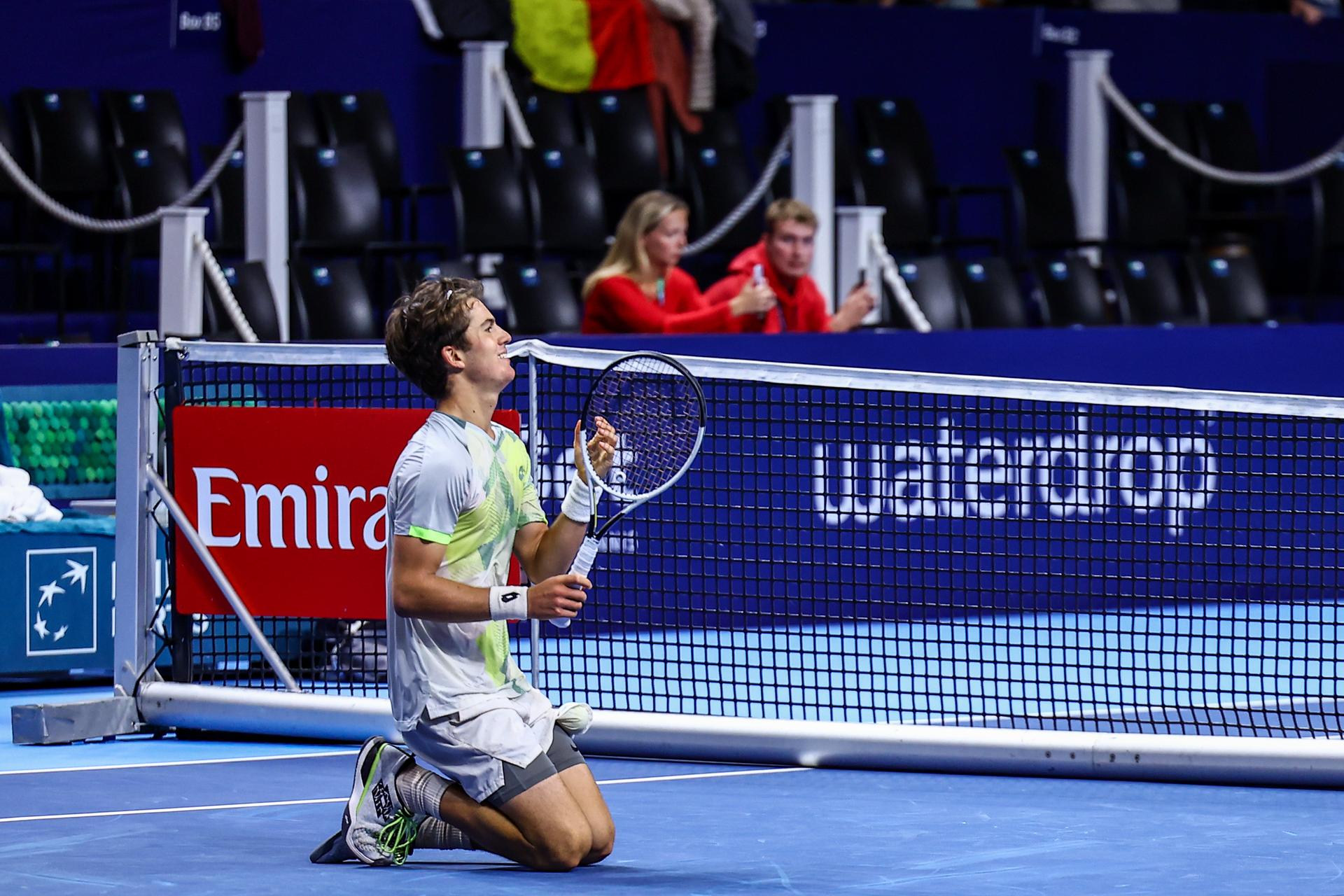 Belgian Gilles-Arnaud Bailly celebtares after winning his match against German Daniel Altmaier during the European Open ATP tennis tournament in Brussels, on Tuesday 14 October 2025. This year's edition of the tournament is taking place from 12 to 19 October 2025. BELGA PHOTO JASPER JACOBS