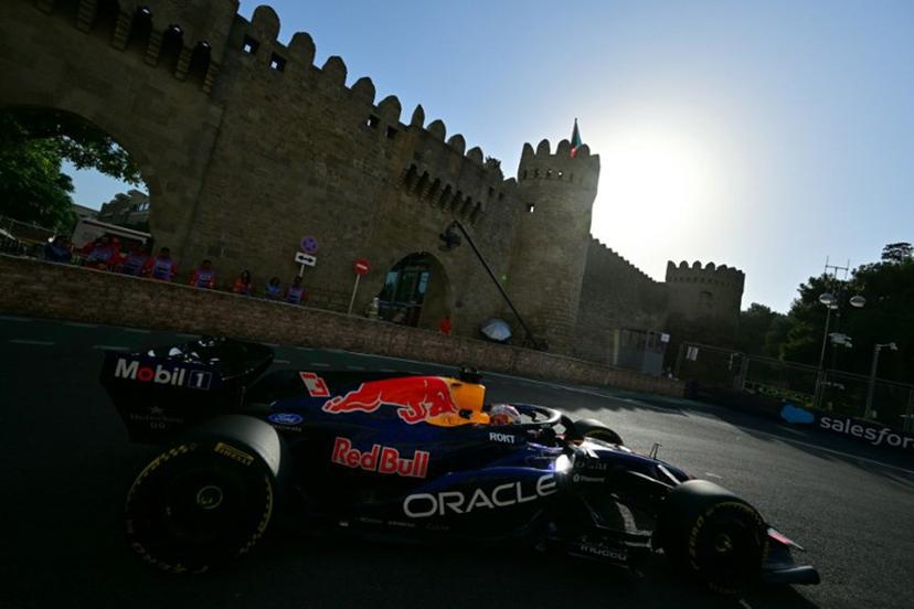 Red Bull Racing's Dutch driver Max Verstappen steers his car during the second practice session ahead of the Formula One Azerbaijan Grand Prix at the Baku City Circuit in Baku on September 24, 2026. Andrej ISAKOVIC / AFP
