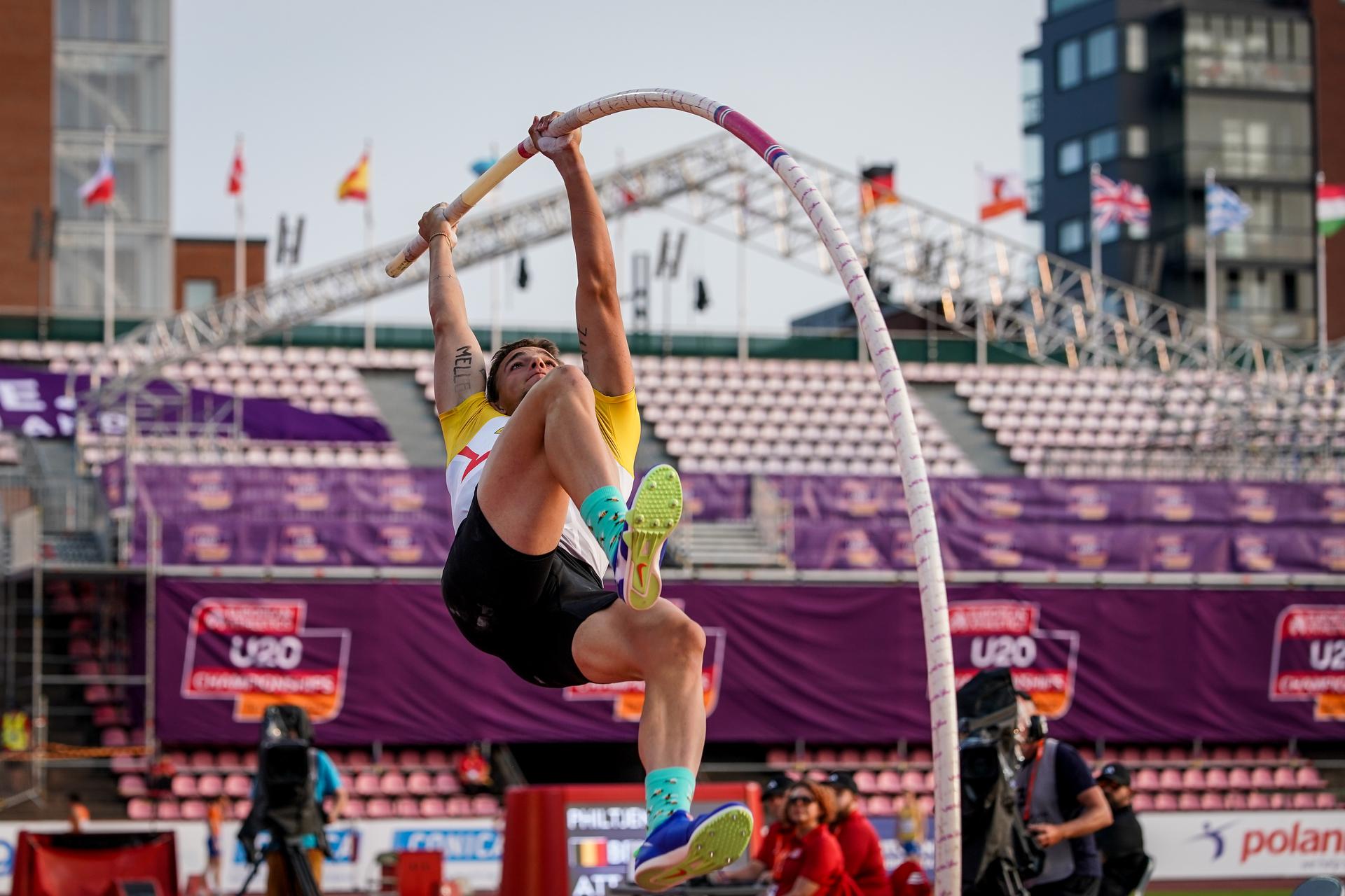 Ylio Philtjens pictured in action during the Pole Vault competition of the European Athletics U20 Championships, in Tampere, Finland, Saturday 09 August 2025. The European U20 championships take place from 07 to 10 August. BELGA PHOTO COEN SCHILDERMAN