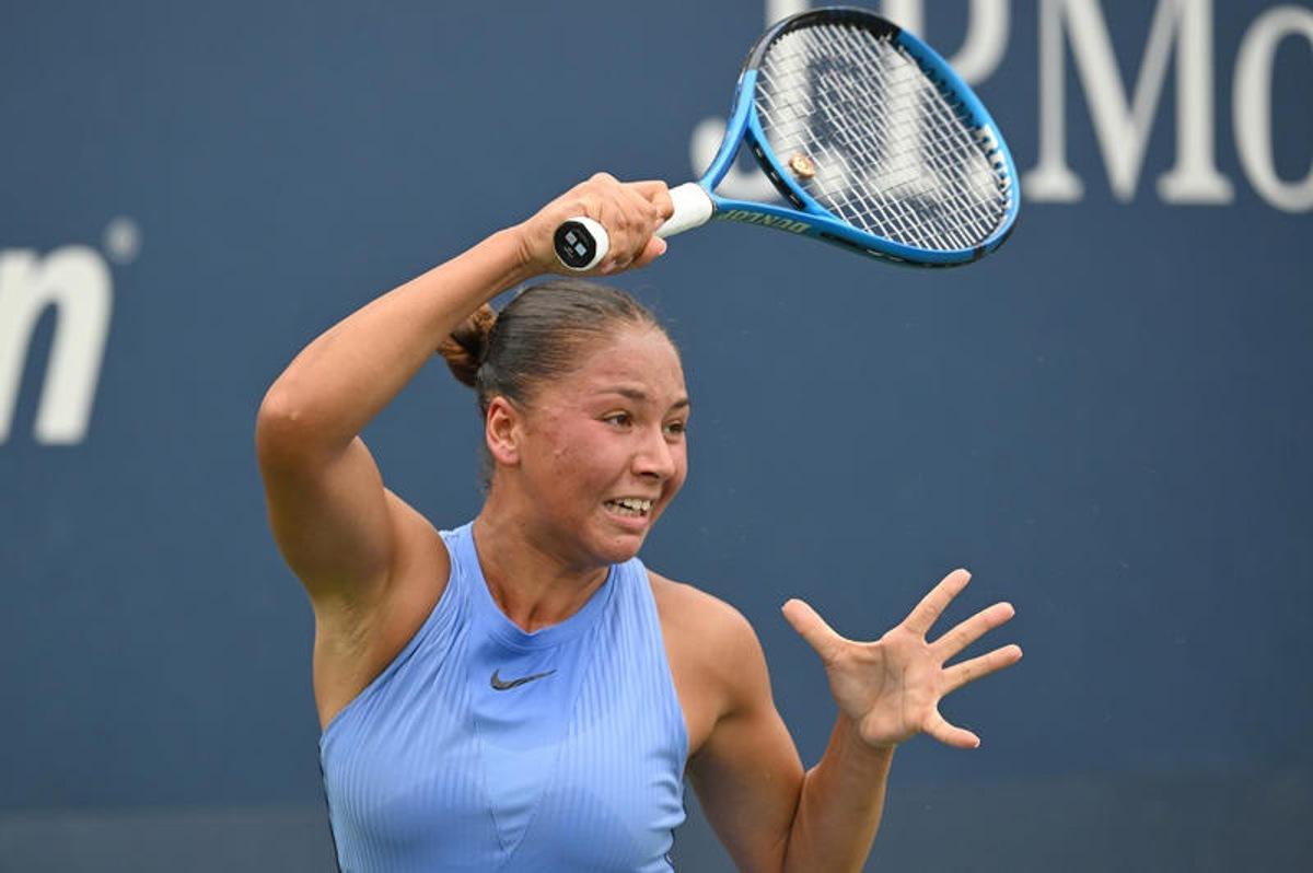 Sofia Costoulas of Belgium competes against Katie Volynets of the United States during the Women's Qualifying Singles 1st round at the USTA Billie Jean King National Tennis Center in Flushing Meadow-Corona Park, in the Queens borough of New York, NY, August 18, 2025. (Photo by Anthony Behar/SipaUSA)