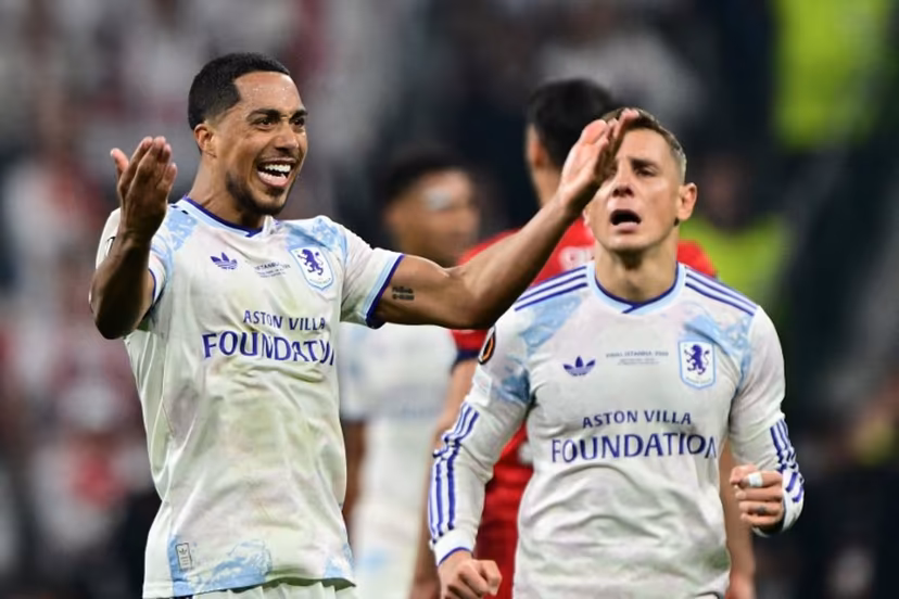 Aston Villa's Belgian midfielder #08 Youri Tielemans celebrates after scoring his team's first goal during the UEFA Europa League final football match between SC Freiburg and Aston Villa at Besiktas Park in Istanbul on May 20, 2026. YASIN AKGUL / AFP