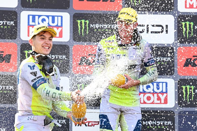 Spanish Guillem Farres and South-African Camden McLellan celebrate on the podium after the motocross MX2 Grand Prix Flanders, race 14/20 of the FIM Motocross World Championship, Sunday, August 2, 2026, in Lommel. BELGA PHOTO JILL DELSAUX