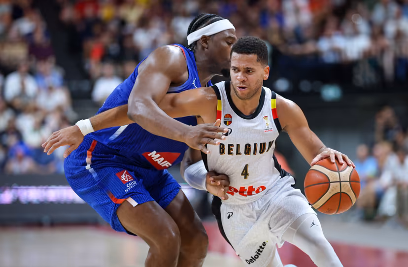 French Guerschon Yabusele and Belgium's Emmanuel Manu Lecomte fight for the ball during a basketball match between Belgian national team Belgian Lions and France, Friday 03 July 2026 in Antwerp, qualifier 5/6 for the men's 2027 FIBA World Championships. BELGA PHOTO VIRGINIE LEFOUR