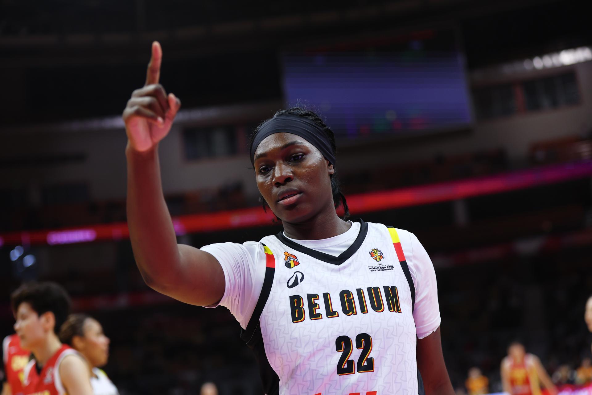 Belgium's Bethy Mununga gestures during a basket game between China and Belgium's national team Belgian Cats, in Wuhan, China, on Thursday 12 March 2026, the second game (out of 5) of the qualifications phase for the World Cup Basket tournament. BELGA PHOTO NIKOLA KRSTIC