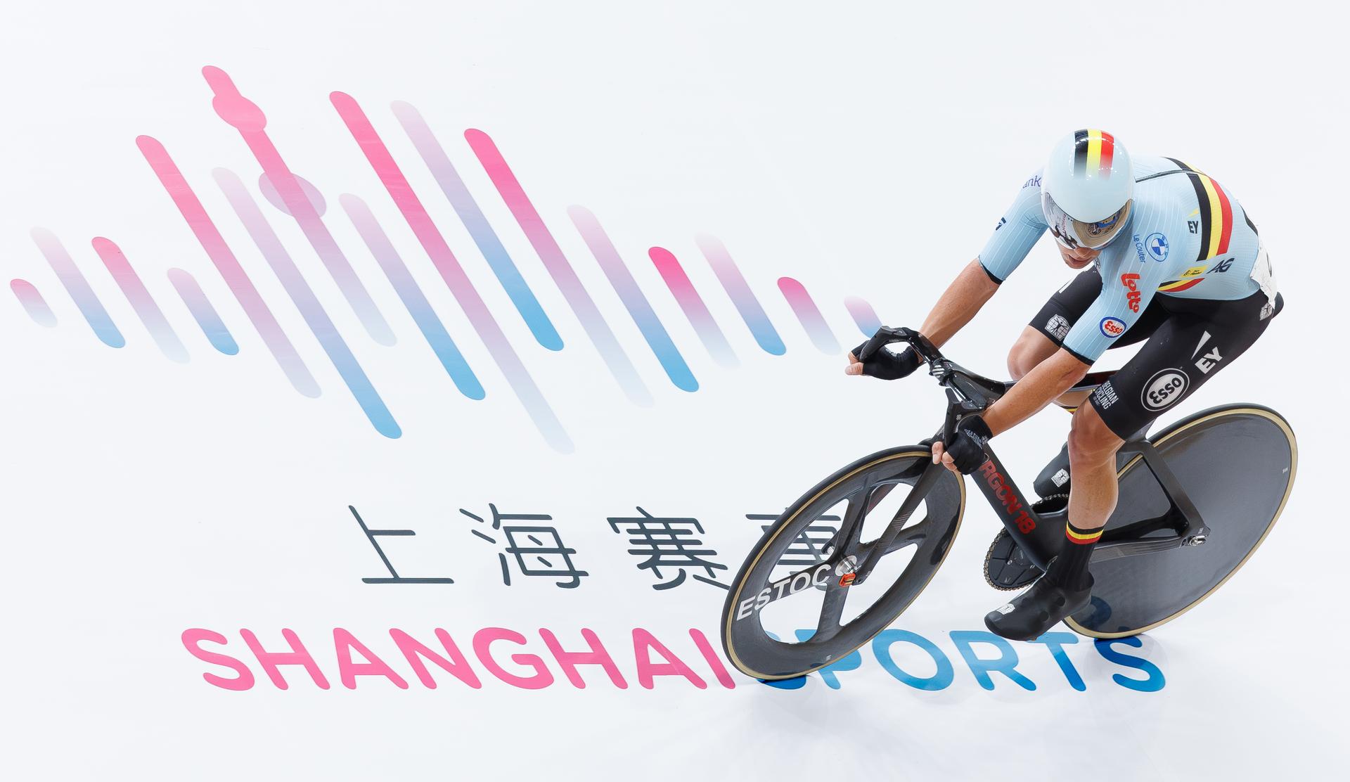 Belgian Jules Hesters pictured in action during the Men's Points Race event at the UCI Track Cycling World Championships in Shanghai, China on Friday 16 October 2026. The worlds are taking place from 14 to 18 October 2026. BELGA PHOTO BENOIT DOPPAGNE