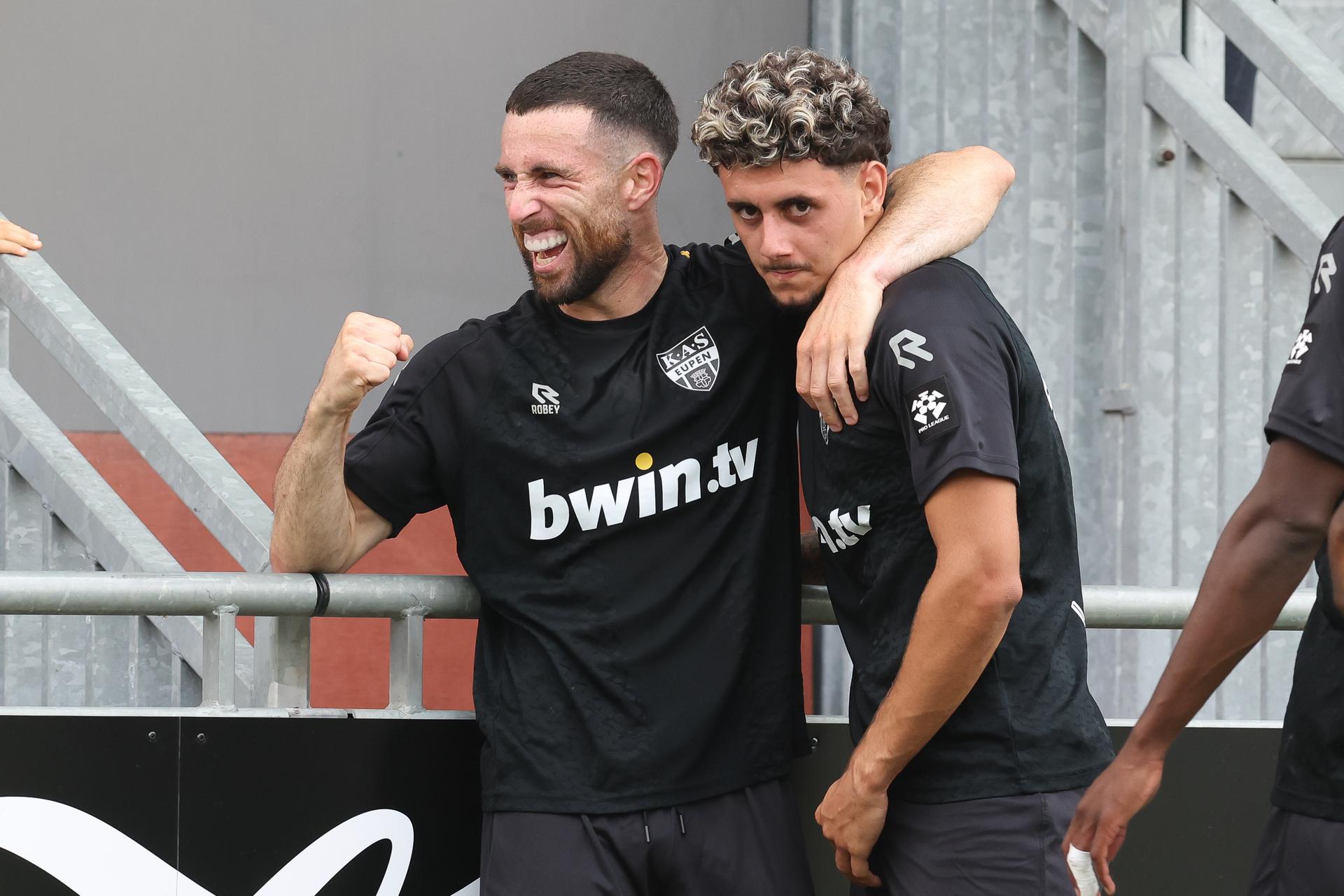 Eupen's Sandro Vidigal celebrates after scoring during a soccer match between KAS Eupen and Jong Genk, Saturday 15 August 2026 in Eupen, on day 1 of the 2026-2027 'Challenger Pro League' second division of the Belgian championship. BELGA PHOTO BRUNO FAHY